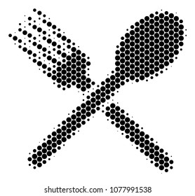 Halftone dot Fork And Spoon icon. Pictogram on a white background. Vector concept of fork and spoon icon created of round dots.