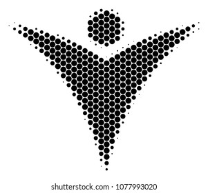Halftone dot Futuristic Man icon. Pictogram on a white background. Vector collage of futuristic man icon made of round spots.