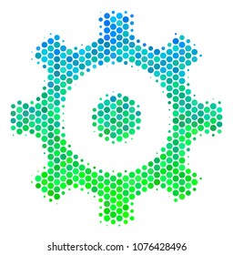 Halftone dot Gear icon. Icon in green and blue shades on a white background. Vector concept of gear icon done of round spots.