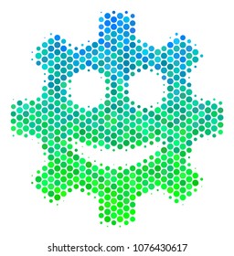 Halftone dot Gear Smile Smiley pictogram. Pictogram in green and blue shades on a white background. Vector composition of gear smile smiley icon combined of circle blots.