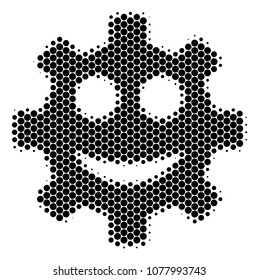 Halftone dot Gear Smile Smiley icon. Pictogram on a white background. Vector pattern of gear smile smiley icon created of circle pixels.