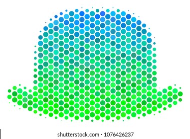 Halftone dot Gentleman Hat icon. Pictogram in green and blue color tones on a white background. Vector mosaic of gentleman hat icon composed of circle elements.