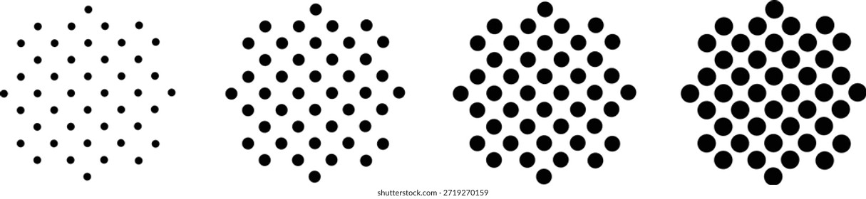 Halftone dot gradient shapes showing density variation and smooth transitions. Abstract geometric dot patterns create depth and visual rhythm. Ideal for backgrounds branding posters and modern graphic design.