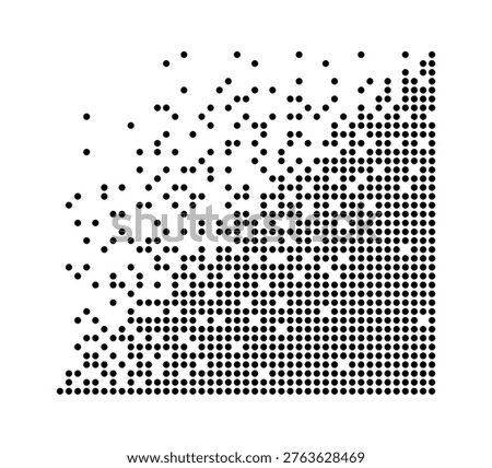 Halftone dot grid dissolving from dense corner to scattered particles, clean geometric layout. Symbolizes decay, glitch, entropy, and data loss with fading matrix points. Cartoon vector illustration.