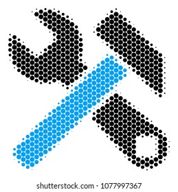 Halftone dot Hammer And Wrench icon. Pictogram on a white background. Vector concept of hammer and wrench icon created of spheric pixels.
