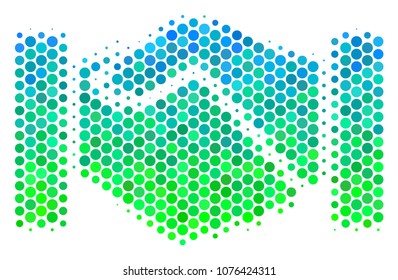 Halftone dot Handshake icon. Pictogram in green and blue color hues on a white background. Vector pattern of handshake icon created of spheric spots.