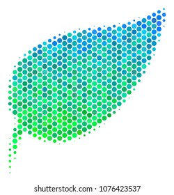 Halftone dot Herbal Leaf icon. Pictogram in green and blue shades on a white background. Vector concept of herbal leaf icon constructed of circle items.