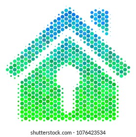 Halftone dot Home Keyhole icon. Pictogram in green and blue shades on a white background. Vector mosaic of home keyhole icon created of spheric pixels.