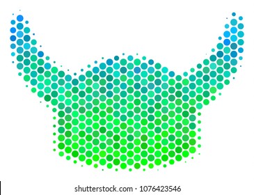 Halftone dot Horned Helmet pictogram. Icon in green and blue color tones on a white background. Vector concept of horned helmet icon designed of circle elements.