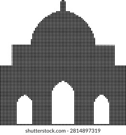 Halftone dot illustration of large mosque building featuring grand main dome and surrounding arches on transparent background.