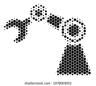 Halftone dot Industrial Robot icon. Pictogram on a white background. Vector collage of industrial robot icon organized of circle elements.