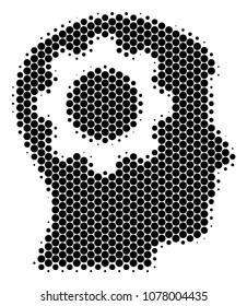 Halftone dot Intellect Gear icon. Pictogram on a white background. Vector composition of intellect gear icon designed of spheric blots.