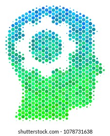 Halftone dot Intellect Gear pictogram. Icon in green and blue color tones on a white background. Vector pattern of intellect gear icon organized of sphere dots.