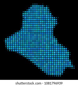 Halftone Dot Iraq Map. Vector geographic map in blue color tints on a black background. Vector concept of Iraq Map organized of square elements. Stylized halftone illustration for templates.