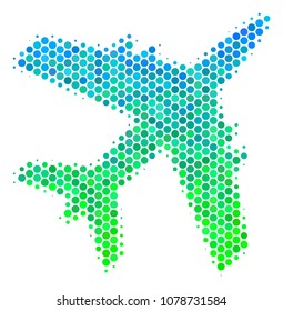 Halftone dot Jet Plane icon. Pictogram in green and blue color tones on a white background. Vector collage of jet plane icon combined of round dots.
