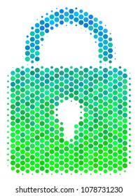 Halftone dot Lock icon. Icon in green and blue color tones on a white background. Vector collage of lock icon made of sphere dots.