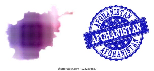 Halftone dot map of Afghanistan and blue rubber seal. Vector halftone map of Afghanistan constructed with regular small round dots and has gradient from blue to red color.