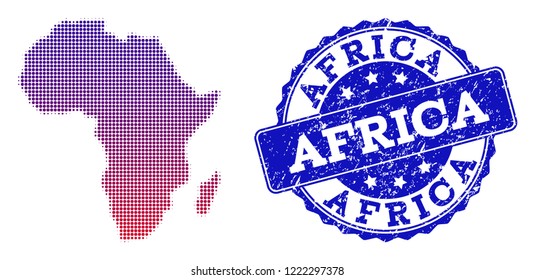 Halftone dot map of Africa and blue grunge seal. Vector halftone map of Africa designed with regular small spheric dots and has gradient from blue to red color.