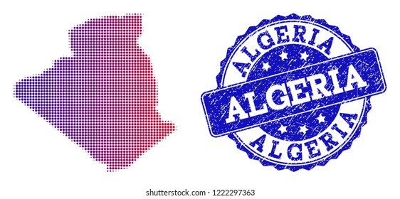 Halftone dot map of Algeria and blue rubber stamp. Vector halftone map of Algeria designed with regular small circle dots and has gradient from blue to red color.