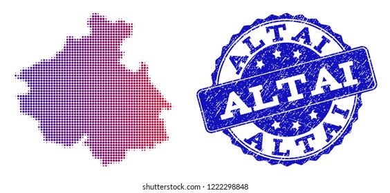 Halftone dot map of Altai Republic and blue rubber seal. Vector halftone map of Altai Republic designed with regular small circle dots and has gradient from blue to red color.