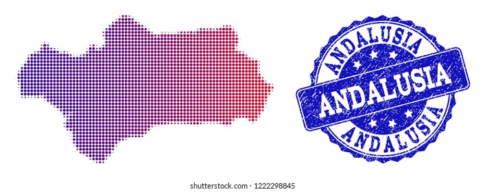 Halftone dot map of Andalusia Province and blue unclean seal stamp. Vector halftone map of Andalusia Province designed with regular small circle points and has gradient from blue to red color.