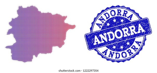 Halftone dot map of Andorra and blue rubber seal. Vector halftone map of Andorra designed with regular small spheric points and has gradient from blue to red color.
