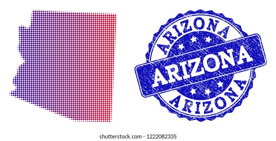 Halftone dot map of Arizona State and blue rubber seal stamp. Vector halftone map of Arizona State designed with regular small round dots and has gradient from blue to red color.