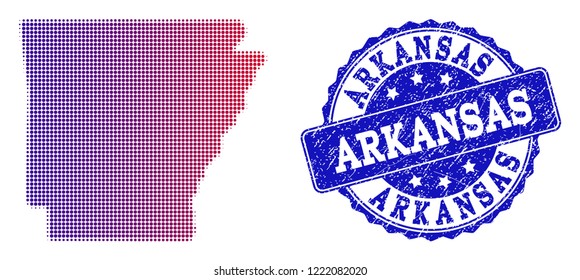 Halftone dot map of Arkansas State and blue corroded seal stamp. Vector halftone map of Arkansas State constructed with regular small circle points and has gradient from blue to red color.