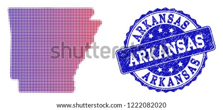 Halftone dot map of Arkansas State and blue corroded seal stamp. Vector halftone map of Arkansas State constructed with regular small circle points and has gradient from blue to red color.