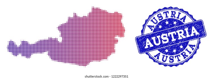 Halftone dot map of Austria and blue rubber stamp. Vector halftone map of Austria designed with regular small spheric points and has gradient from blue to red color.