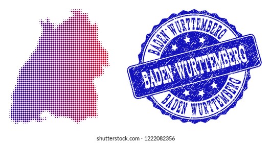 Halftone dot map of Baden-Wurttemberg State and blue scratched stamp. Vector halftone map of Baden-Wurttemberg State constructed with regular small circle dots and has gradient from blue to red color.