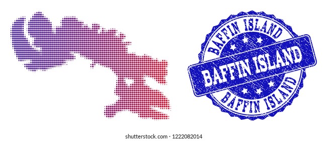 Halftone dot map of Baffin Island and blue scratched seal. Vector halftone map of Baffin Island designed with regular small round dots and has gradient from blue to red color.