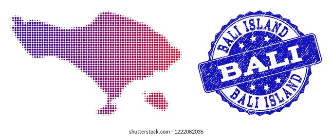 Halftone dot map of Bali Island and blue corroded seal. Vector halftone map of Bali Island designed with regular small spheric points and has gradient from blue to red color.