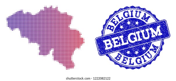Halftone dot map of Belgium and blue dirty seal. Vector halftone map of Belgium designed with regular small spheric dots and has gradient from blue to red color.