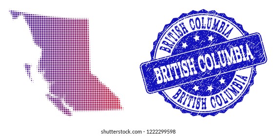 Halftone dot map of British Columbia Province and blue rubber stamp. Vector halftone map of British Columbia Province constructed with regular small round dots and has gradient from blue to red color.