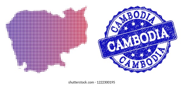 Halftone dot map of Cambodia and blue rubber seal stamp. Vector halftone map of Cambodia constructed with regular small spheric dots and has gradient from blue to red color.