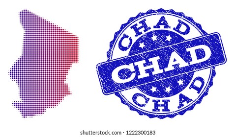 Halftone dot map of Chad and blue rubber stamp. Vector halftone map of Chad constructed with regular small round points and has gradient from blue to red color.