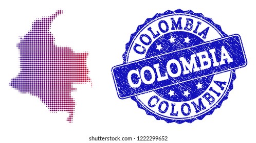 Halftone dot map of Colombia and blue unclean seal stamp. Vector halftone map of Colombia constructed with regular small spheric dots and has gradient from blue to red color.