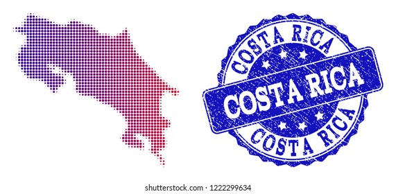 Halftone dot map of Costa Rica and blue rubber seal. Vector halftone map of Costa Rica constructed with regular small circle dots and has gradient from blue to red color.