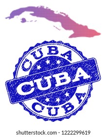 Halftone dot map of Cuba Island and blue corroded seal. Vector halftone map of Cuba Island constructed with regular small spheric dots and has gradient from blue to red color.