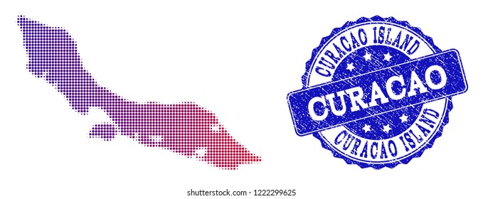 Halftone dot map of Curacao Island and blue rubber stamp. Vector halftone map of Curacao Island constructed with regular small circle dots and has gradient from blue to red color.