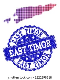 Halftone dot map of East Timor and blue dirty seal stamp. Vector halftone map of East Timor designed with regular small spheric points and has gradient from blue to red color.