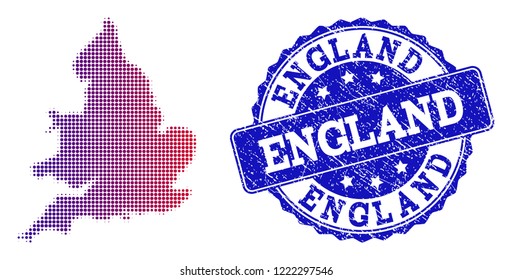 Halftone dot map of England and blue rubber seal stamp. Vector halftone map of England designed with regular small circle dots and has gradient from blue to red color.