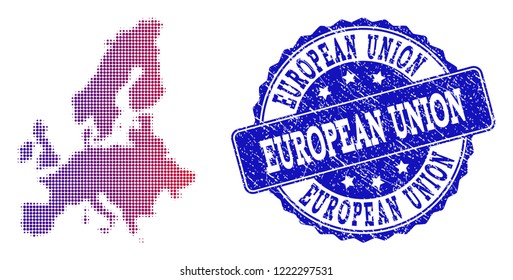 Halftone dot map of Euro Union and blue corroded seal stamp. Vector halftone map of Euro Union designed with regular small circle dots and has gradient from blue to red color.