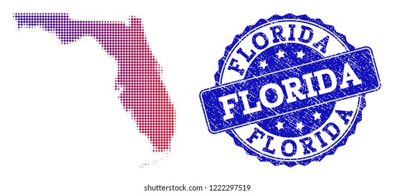 Halftone dot map of Florida State and blue rubber seal. Vector halftone map of Florida State constructed with regular small round points and has gradient from blue to red color.