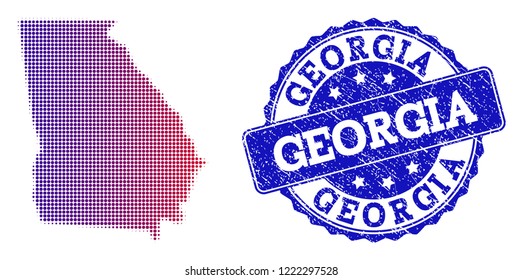 Halftone dot map of Georgia State and blue grunge seal. Vector halftone map of Georgia State designed with regular small circle dots and has gradient from blue to red color.