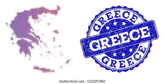 Halftone dot map of Greece and blue textured seal. Vector halftone map of Greece designed with regular small circle dots and has gradient from blue to red color.