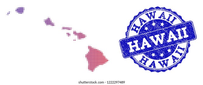 Halftone dot map of Hawaii State and blue corroded seal stamp. Vector halftone map of Hawaii State constructed with regular small round points and has gradient from blue to red color.