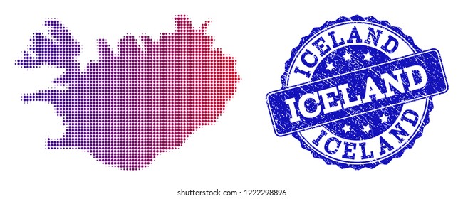 Halftone dot map of Iceland and blue textured seal stamp. Vector halftone map of Iceland constructed with regular small circle points and has gradient from blue to red color.