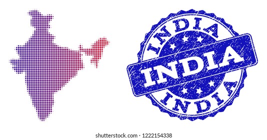 Halftone dot map of India and blue rubber seal stamp. Vector halftone map of India designed with regular small circle dots and has gradient from blue to red color.